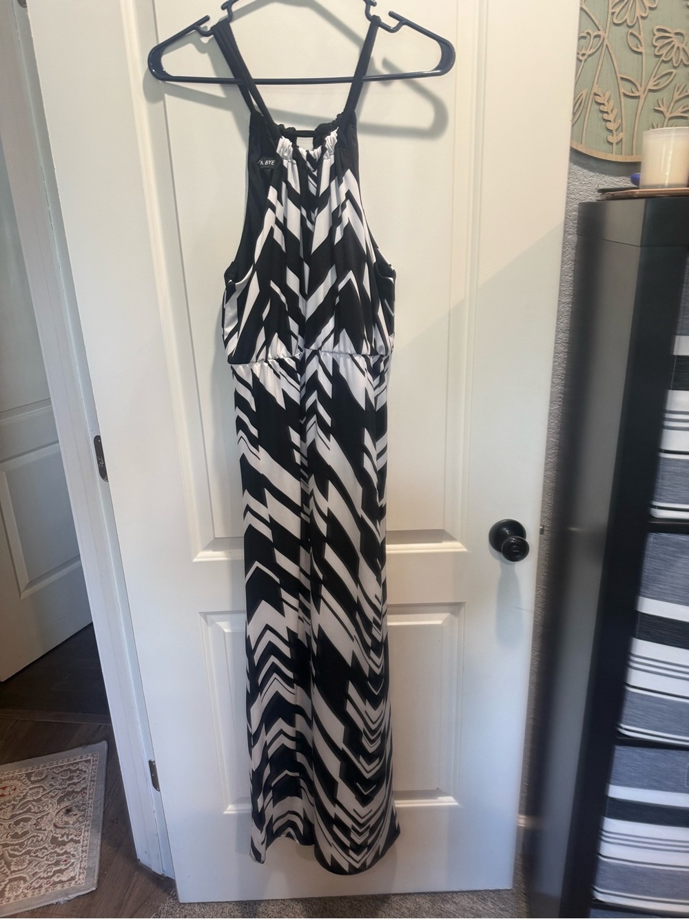 A. Byer Black and White Chevron Halter Maxi Dress